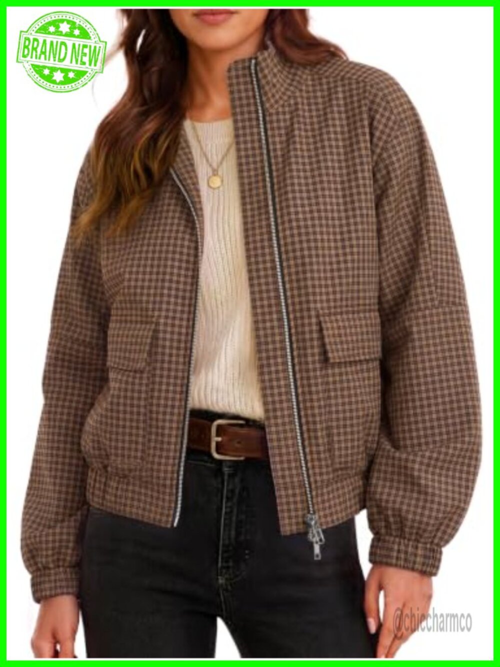 Women's Cropped Plaid Zip Up Lightweight Casual Jacket with Pockets